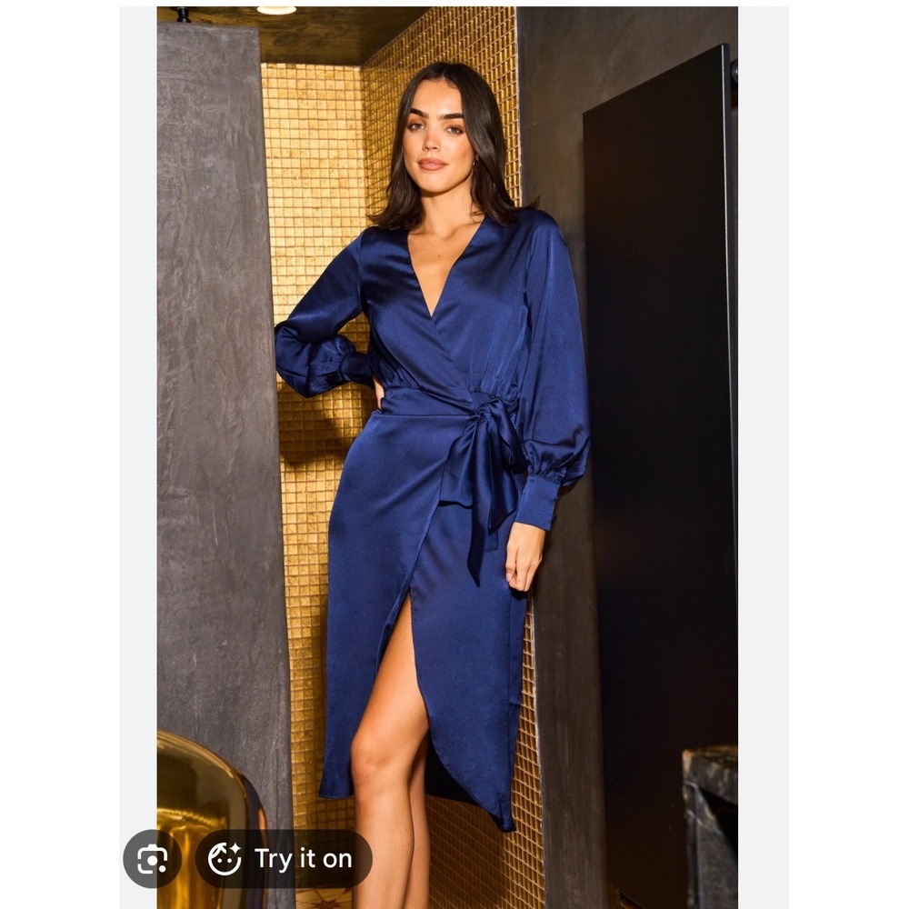 Urban Touch Navy Long Sleeve Midi Wrap Dress Satin V-Neck Size 12 UTAW22017